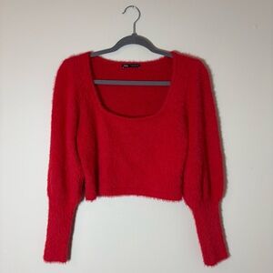 Zara Fuzzy Red Scoop Neck Cropped Sweater M Valentine’s Day Romantic Date Night